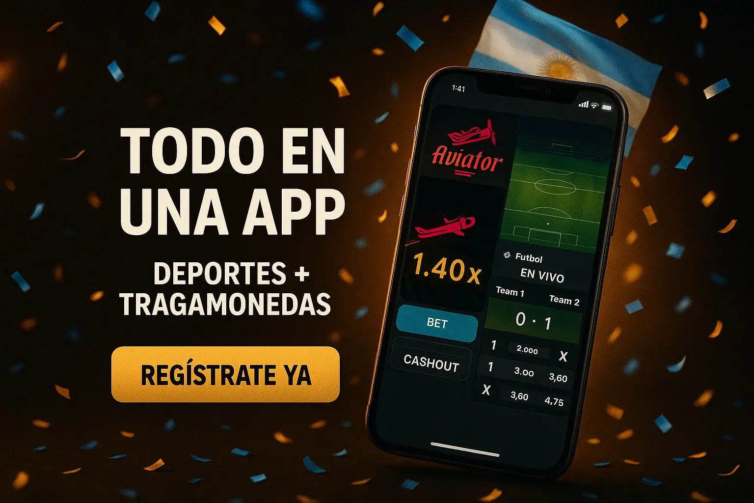 Banner de apuestas en español con Aviator y fútbol, colores argentinos