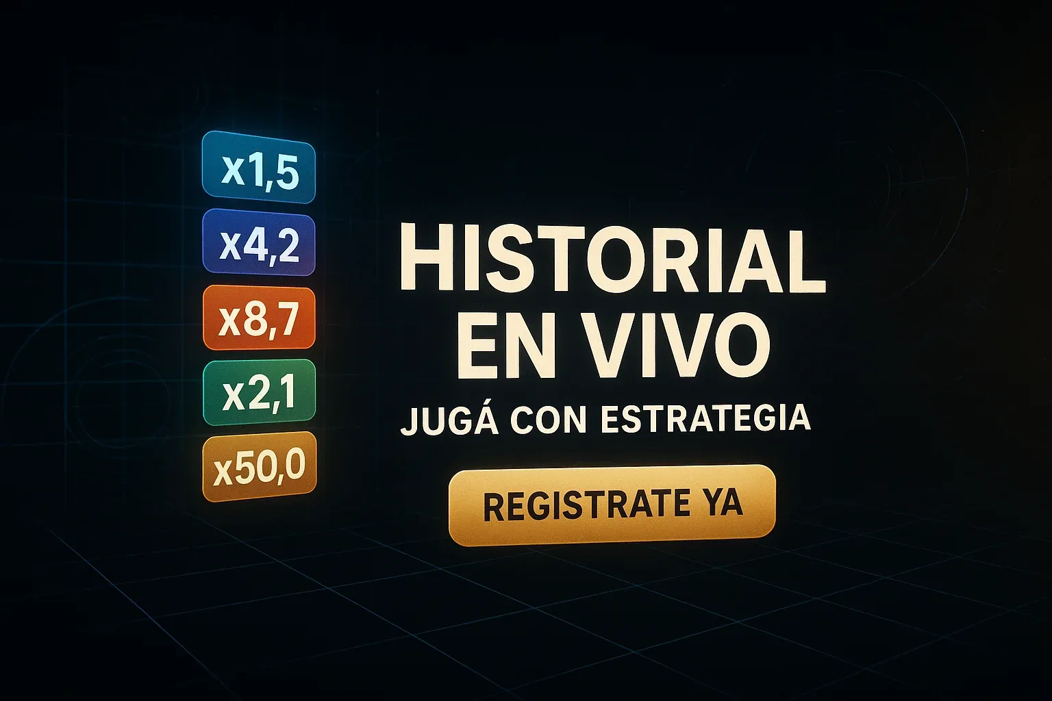 Banner casino en español con historial en vivo y botón registrate ya