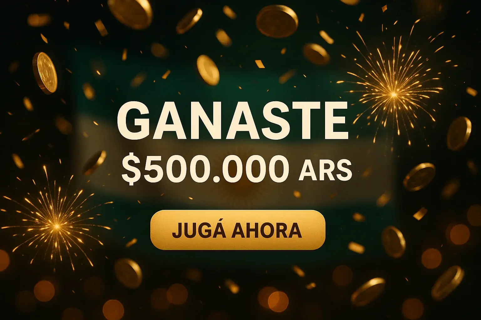 Banner de casino premium con GANASTE, $500.000 ARS y botón JUGÁ AHORA