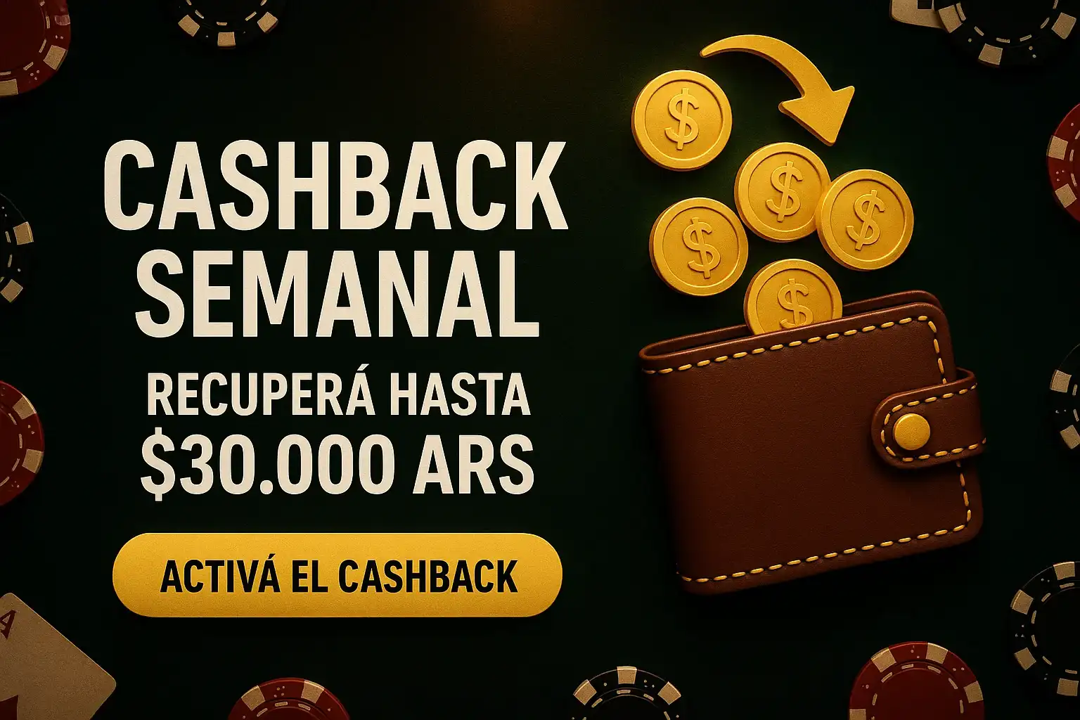 Banner de casino con cashback semanal, monedas y botón dorado CTA