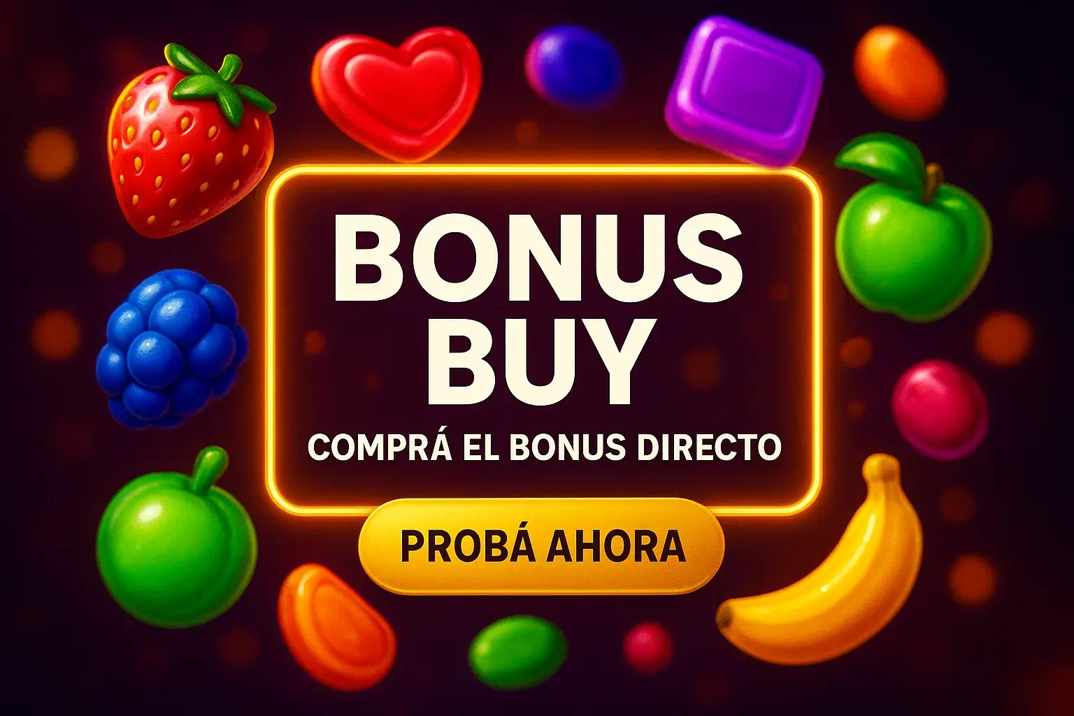 Banner de casino con símbolos frutales, texto COMPRÁ EL BONUS DIRECTO y botón PROBÁ AHORA